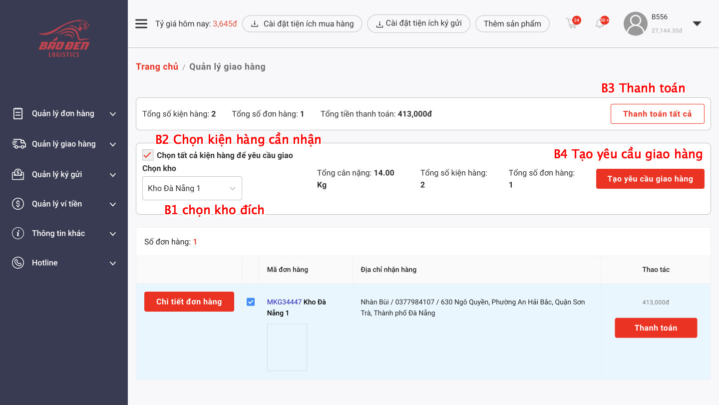 Hướng dẫn theo dõi các đơn hàng đã về VN và tạo yêu cầu giao hàng 2 b4