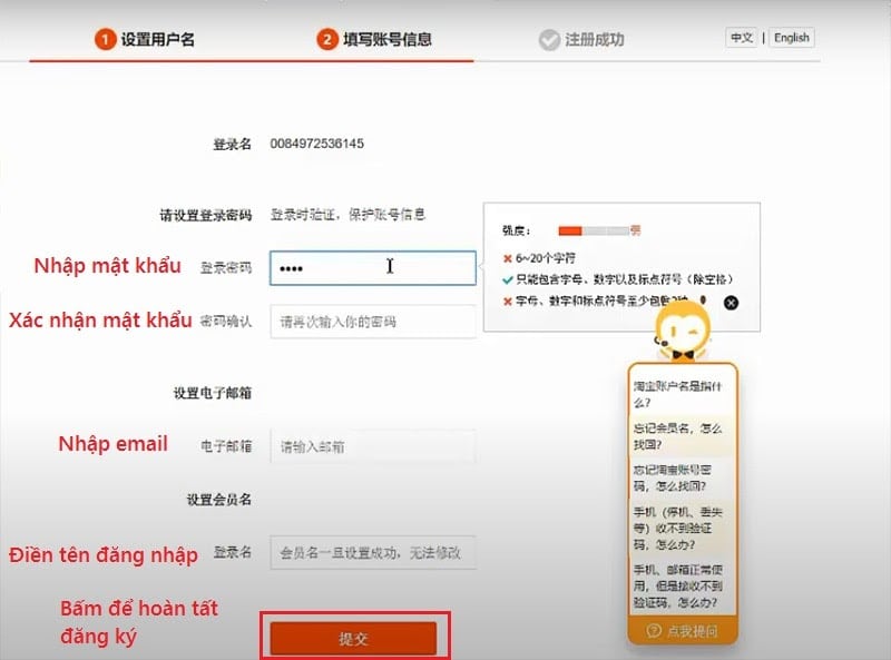 Cách tạo tài khoản Taobao, 1688, Tmall chỉ 1 phút - Báo Đen Logistics 5 Điền thông tin đăng ký tài khoản và bấm vào ô màu cam để hoàn tất đăng ký.