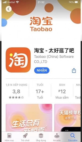 Bấm “Nhận” để tải Taobao về máy
